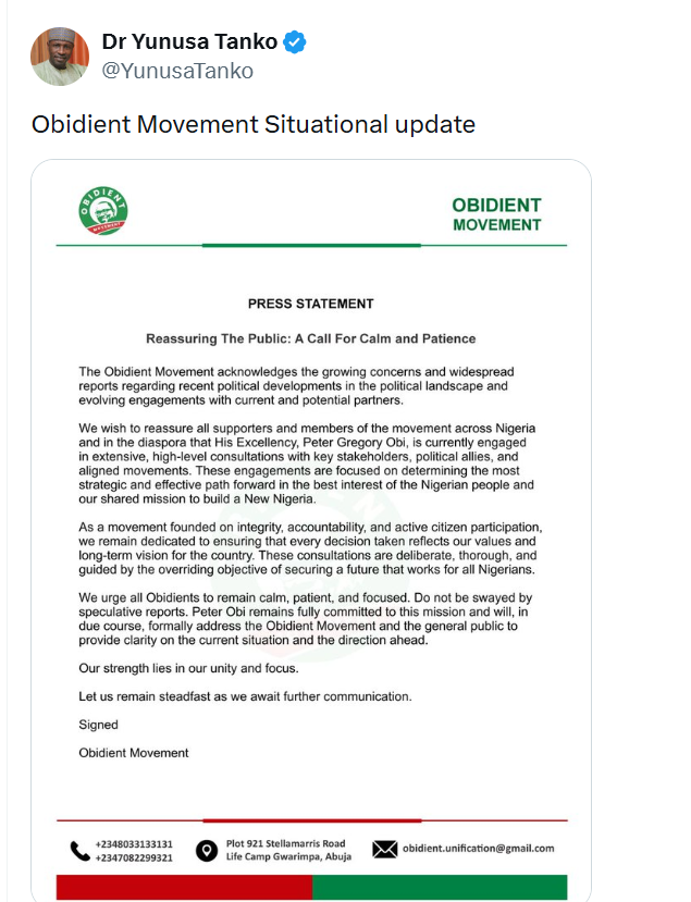 Obidient Movement leaders ask for patience as they reveal Peter Obi is in ?strategic consultations? for 2027 amid speculation of dumping ADC